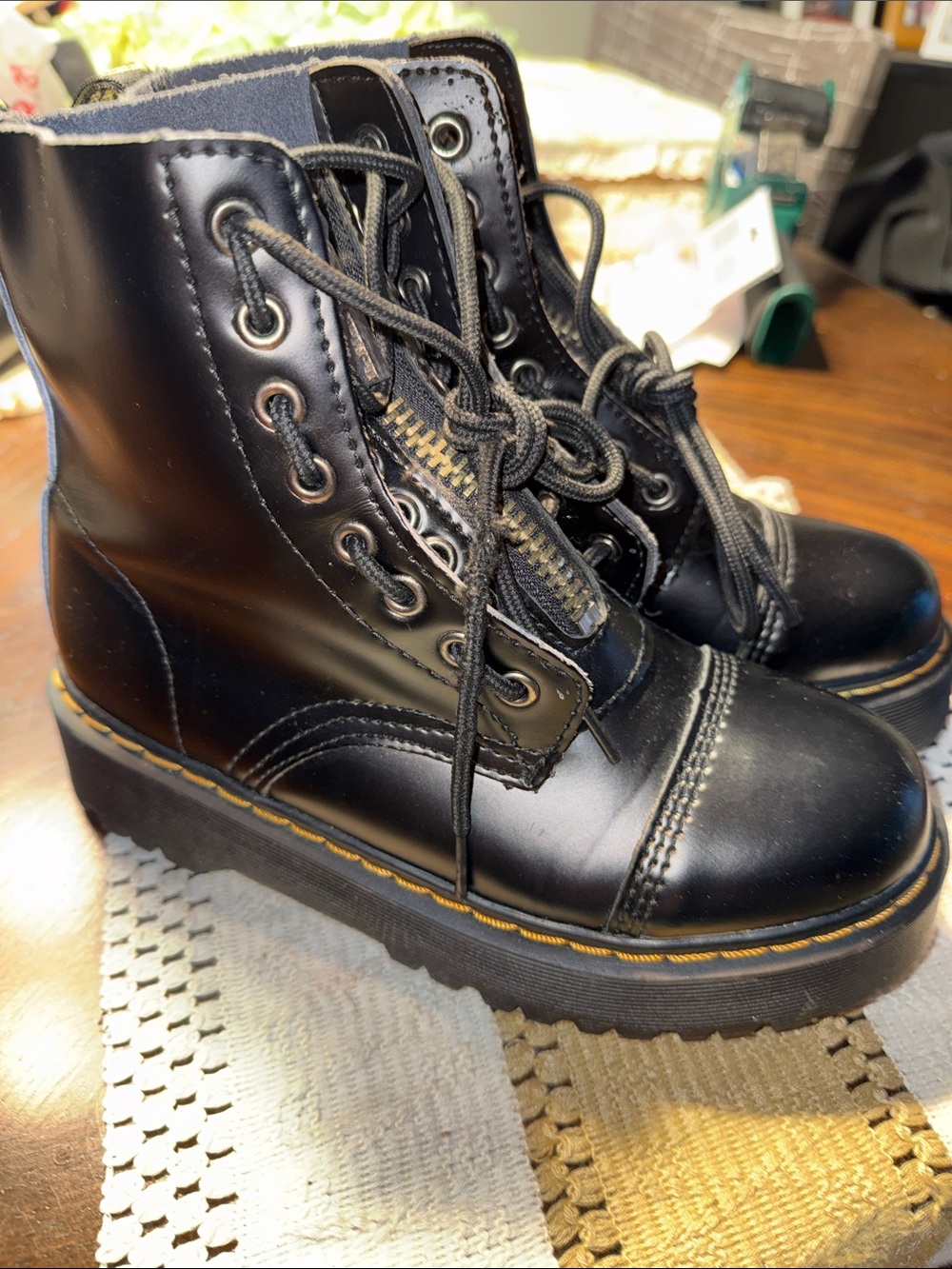 Dr. Martens Black Lace-Up Combat Boots with Yellow Stitching - Picture 3 of 10